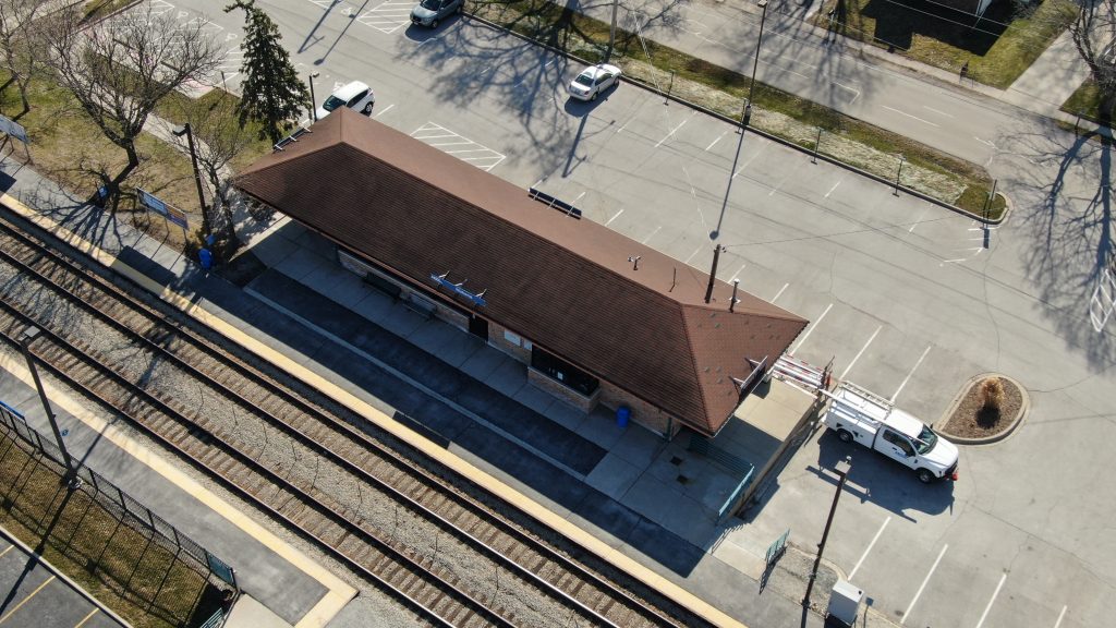 Drone services Illinois roof inspection commercial building Mokena Naperville Tinley Park Lockport Will DuPage aerial roof photo